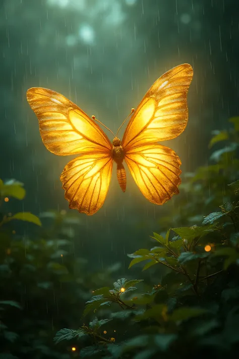 golden butterfly, dark forest, rain, glow, Ancestral melodies, magnificent, colorful