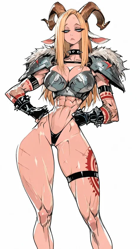 barbarian girl, sexy, strong appearance, baggy eyes, long blonde straight hair, muscular biceps, ripped, large heavy Pauldrons, goat horns, nordic tattoos on body, battle scars, spiked collar, highly detailed, sketchy style, Nordic arm tattoos, Muscular wo...