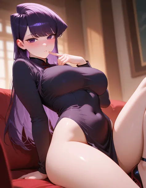 ((best quality)), ((masterpiece)), (detailed), semi realistic, 1girl, solo, depth of field, Komi Shouko, Komi Can't Communicate, purple eyes, long hair, purple hair, bangs, blush, large breasts, thighs, blushing, all naughty, flirting, butt view, leaning t...