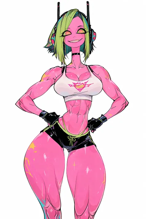 an alien girl, tall, attractive, black sclera, fluorescent green hair, pink skin, big innocent smile, cute eyes, sexy tummy, wide hips, masterpiece, best quality, amazing quality, headphones, tight tank top, tank top, cleavage, bursting breast, sexy front ...