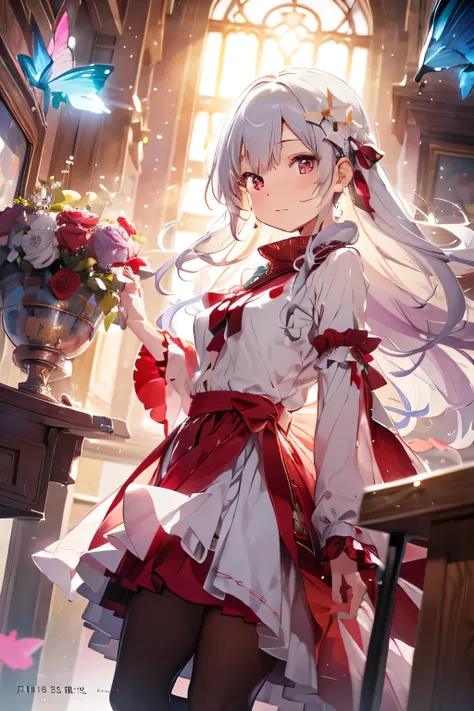 A beautiful fantasy anime girl with extremely long silver hair flowing around her,
surrounded by floating jewel-like orbs and delicate vines.
She is standing inside a translucent glass chalice filled with glowing liquid.
Her outfit is made of deep red r...
