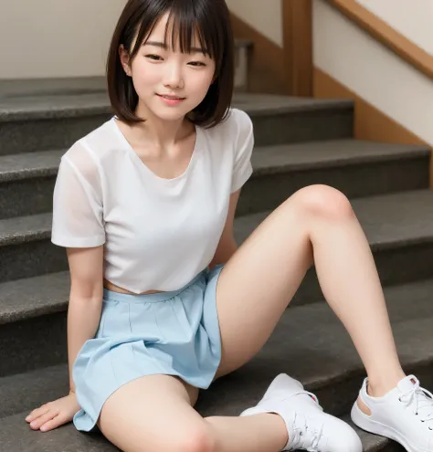 8k Wallpaper,younger、 sailor suit、白色の sailor suit、 miniskirt、 sitting on the stairs、 slim figure、 girl、 stylish hairstyle 、 sitting on the stairs、半袖の sailor suit、My stomach is split in two and I can see everything、 Toned Waist、 Simple white sneakers,perfec...
