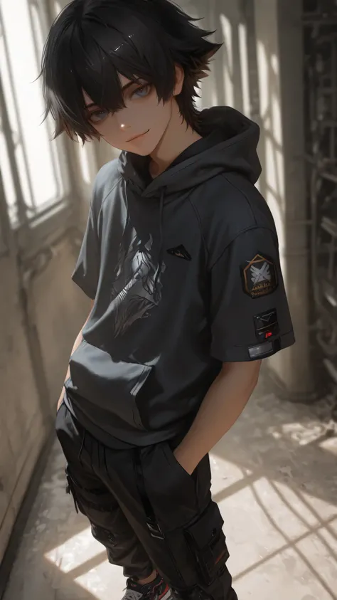 1male, solo, masterpiece, ultra-detailed, high quality, 19-year-old young male, messy short black hair, detailed dark blue eyes, slim athletic build, dark gray short-sleeve techwear hoodie, black cargo pants, futuristic sneakers, front view, serious expres...