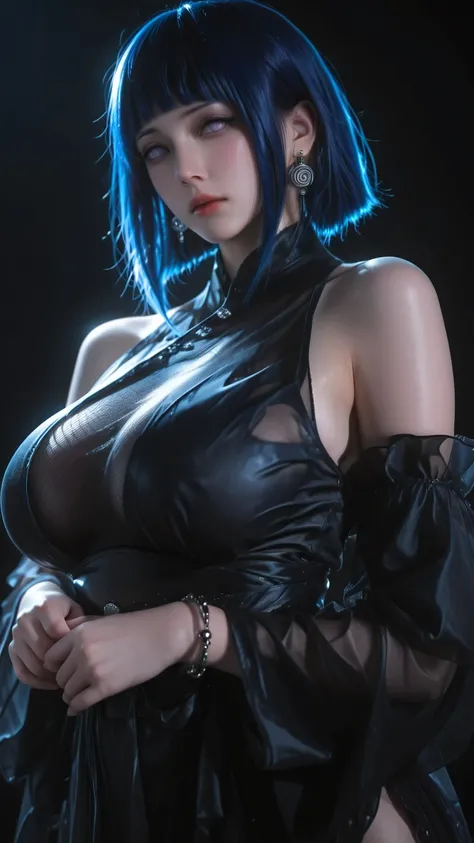 BSS_AES, very aesthetic,,realistic,Hyuuga_hinata  (naruto), solo, dark_blue_hair, bob_hair, dress, large_breasts, bracelet, jewelry, solo, jewelry, looking_at_viewer, bangs, large_breasts, earrings,  ,  , bare_shoulders, detached_sleeves,  , simple_backgro...