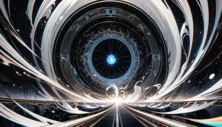 The ethereal train, decorated with heavenly patterns and divine Hindu symbols of the gods, breaks through a colossal decorated gate with swirling mystical energy,  train, depicted in monochrome tones with hints of ethereal light, Seems, , cuts through the ...