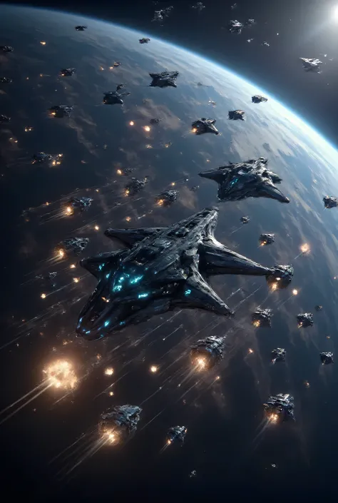 A dramatic space battle scene featuring numerous futuristic spacecraft engaged in combat. A large, dark spacecraft dominates the lower portion of the frame, emitting fiery energy below, hinting at a crash or intense battle. Above it, a multitude of smaller...