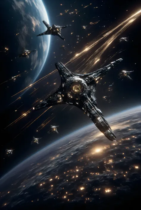 A dramatic, digitally painted depiction of a cosmic battle. The scene is dominated by a dark, swirling sky with a large, partially visible planet in the upper left. Streaks of fiery orange and yellow, possibly representing energy blasts or meteor showers, ...