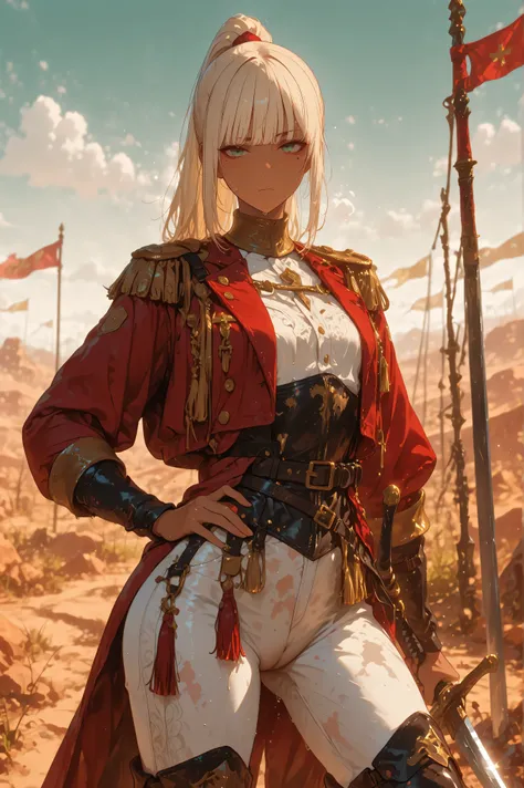 masterpiece, best quality, ultra-detailed, 8k, 1girl, (knight), long high ponytail, blonde hair, straight bangs, (thick eyebrow), teal-green eyes, downcast eyes, mole under left eye, cool serious expression, tanned, slender body, flat chest, cleft of venus...