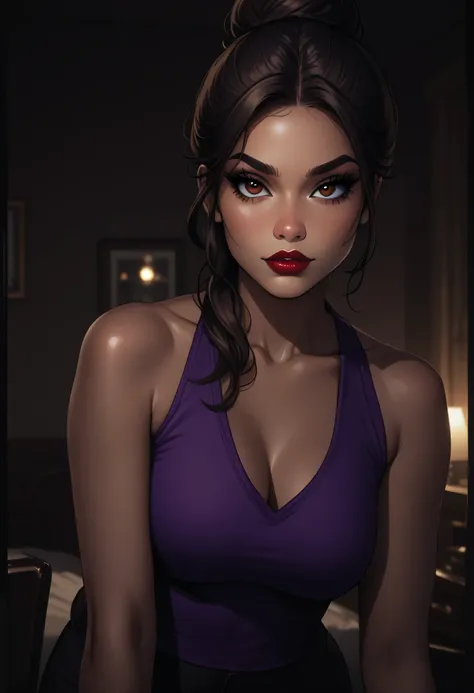 1girl, perfect face, black top knot hair bun, black round eyebrows, black eyelashes, black eyeliners, brown eyes, nose, thick red lips, beautiful girl, v-neck, purple tank top, room living