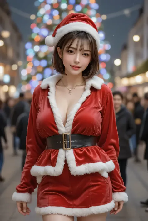 40代の魅力的な日本people女性、G-cup bust、Surprisingly thin waist、with plump and attractive bodies、cowboy shot composition、red Santa Claus costume、A red velvet jacket with an accentuated chest、white fur trim、Red Santa cap、Thick black belt、red miniskirt、white fur edgin...