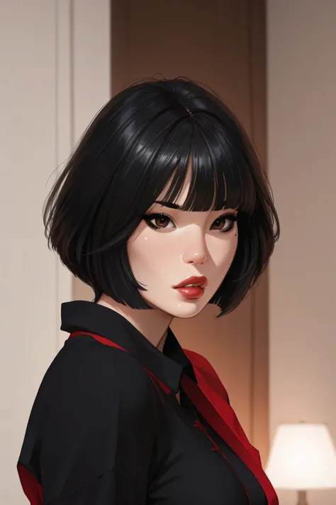 (perfect face), black hair, ((hime haircut)), black eyebrows, (thin eyebrows), brown eyes, black eyeliners, nose, lips, red thick lips, parted lips, (beautiful), medium breasts, shirt, black shirt, (looking at viewer), arms behind back, female asian, asian...