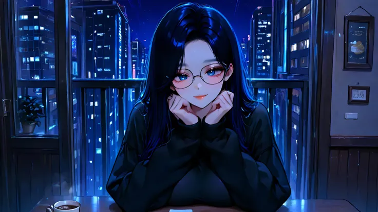 masterpiece, Webtoon art style, 1 woman, solo, anime, 21 years old, vibrant colors, Sapphire blue eyes, (((Korean hairstyle))), hair down, (black hair), glasses, big breasts, black sweater, curvy hourglass body, clean lineart, flat coloring, bold outlines,...