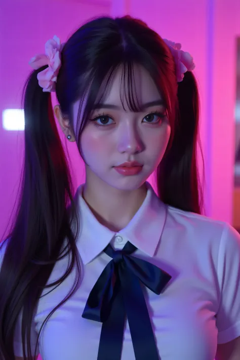 ( best masterpiece、 top quality、 winning works )、(1 high school girl:1.1)、(long twin tail hair tied at a lower position:1.8)、(perfect twin tail:1.5)、(big breasts:1.2)、(accentuates body line:1.2)、(polyester white collared shirt :1.5)、(A large navy butterfly...