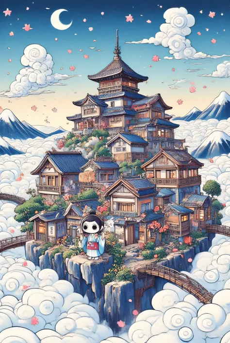 A castle town on an island floating in the clouds, a waving girl, a Japanese feel, ultra detailed, absolutely resolution, masterpiece
