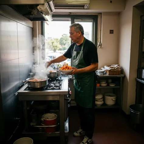 a 58 year old man in a kitchen with a window looking out to yaowarat_scene, the man wears a fc_oliverleatherdress green leather apron, the man wears a black chefs shirt, the man wears dark navy blue chef pants, the man wears white and black sneakers, the k...