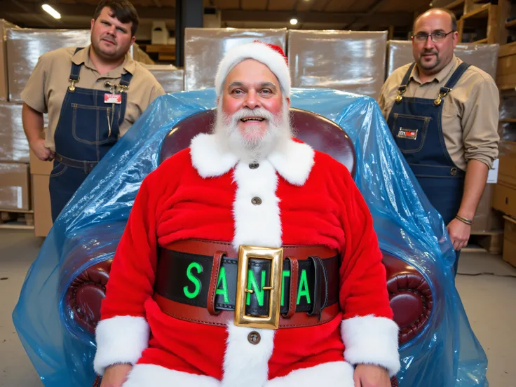 santa claus, 80 year old man, fat and obese, wrinkled skin, ugly face, smiling, wearing a red furry suit with white trim, wearing black leather pants, wearing black and red leather boots, wearing a heavy shiny polished red leather belt with large green lea...
