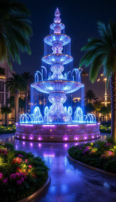 a huge crystal fountain with cascades decorated with gems and precious stones, neon lights for the water jets that jump out of the fountains, a large fountain composed of several smaller ones. ambient neon lights make the fountain even more spectacular. Ar...