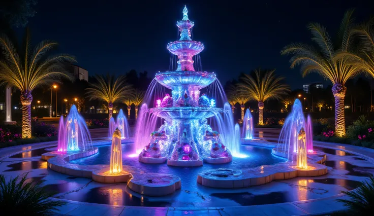 A magnificent crystal fountain complex captured in hyperrealistic HDR photography at night, showcasing a towering central structure made from transparent quartz formations embedded with precious gemstones that catch and amplify colored light. Multiple tier...