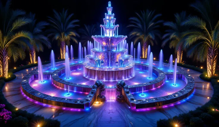 A breathtaking crystal fountain complex photographed at night using professional DSLR equipment with HDR processing, featuring a massive central structure crafted from transparent quartz and amethyst formations. Water cascades over multiple crystalline tie...