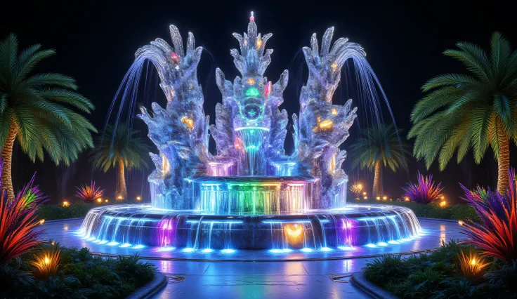 A stunning crystal fountain complex captured in photorealistic detail with professional DSLR and HDR processing, featuring a massive central structure crafted from transparent quartz formations. Multiple water cascades flow over precisely cut crystal tiers...