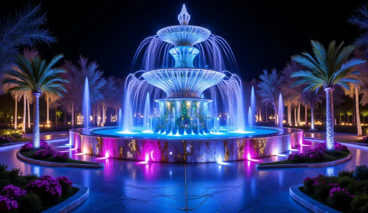 A spectacular crystal fountain complex photographed at night with professional DSLR equipment, featuring a massive central structure crafted from transparent quartz embedded with emeralds, sapphires and diamonds that brilliantly reflect light. Multiple wat...