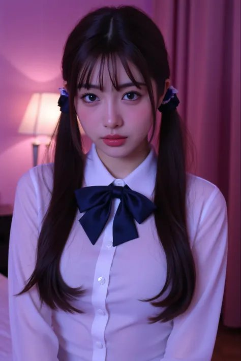 ( best masterpiece、 top quality、 winning works )、(1 high school girl:1.1)、(Long twin tail hair in a low position:1.8)、(Perfect wavy twin tail:1.5)、(perfect thick wavy twin tails:1.3)、(big breasts:1.2)、(accentuates body line:1.2)、(polyester white collared s...