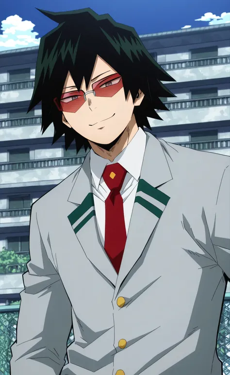 1male, solo, Giyuu Tomioka, black hair, short hair, grey eyes, Deadpan, Smug Expression, red-brown sunglass, grey blazer, white shirt, red necktie, green pant, school, rooftop, portrait, Boku no Hero Academia Anime Style