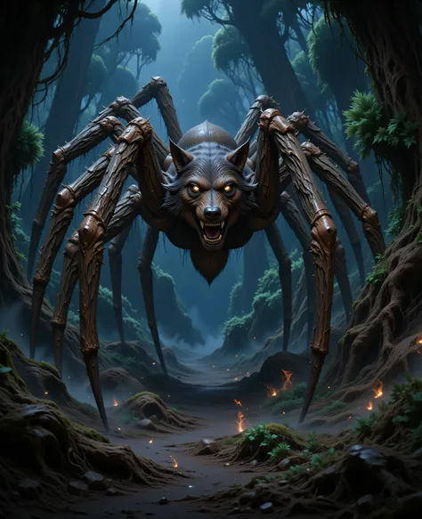 ,realistic cartoon,midjourney , fantasy art, a hybrid of a spider and a wolf, camouflage, spider body, wolf head, dark fantasy forest