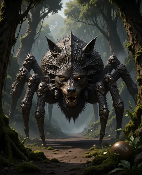 ,realistic cartoon,midjourney , fantasy art, a hybrid of a spider and a wolf, camouflage, spider body, wolf head, dark fantasy forest
