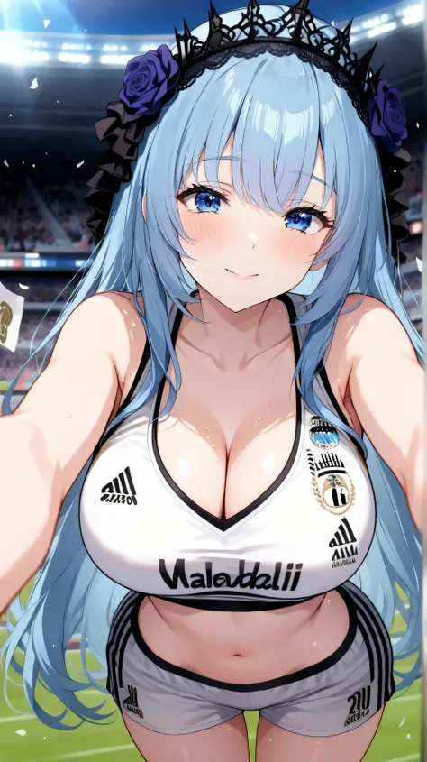 one girl has a very sexy body and very sexy breasts. She has beautiful hair , Beautiful Eyes,,  Black Crown  , sexy sportswear, ملابس رياضية وجوارب فريق Real Madrid, The football team is (Real Madrid) فريق Real Madrid لكرة القدم, bare breasts, short clothe...