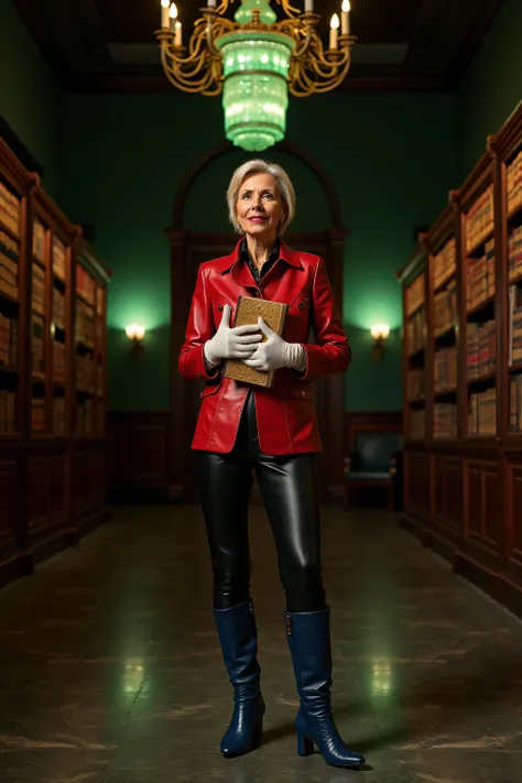 a 58 year old woman with lightly wrinkled skin wearing blue samef2025khb leather boots with block heels 2 inches high, with gold belt and black buckles, with black leather polished pants, with a red polished leather jacket, wearing white gloves, standing i...