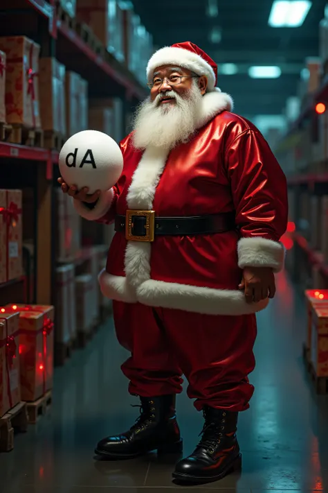 an 84 year old fat asian man wearing a santa claus suit made of shiny vinyl cyberpunk fabric, standing inside of a warehouse filled with conveyor belts and neon glowing boxes, wrapped gifts, the man holds a snow ball in his right hand, the snowball has "dA...