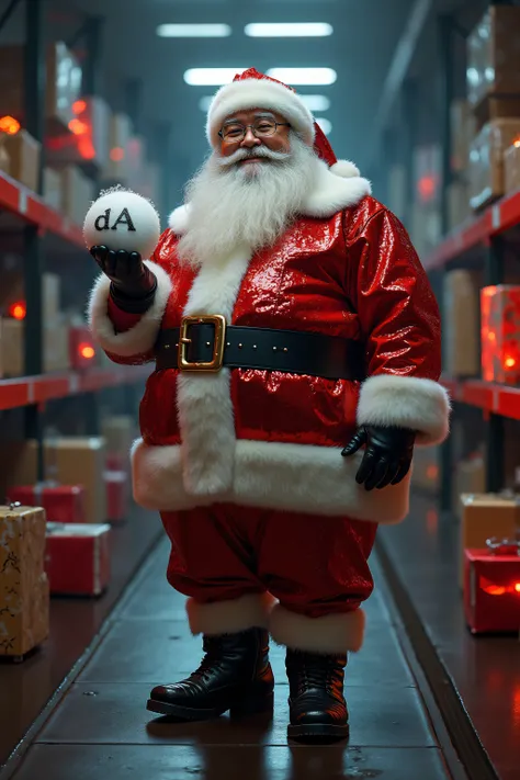 an 84 year old fat asian man wearing a santa claus suit made of shiny vinyl cyberpunk fabric, standing inside of a warehouse filled with conveyor belts and neon glowing boxes, wrapped gifts, the man holds a snow ball in his right hand, the snowball has "dA...
