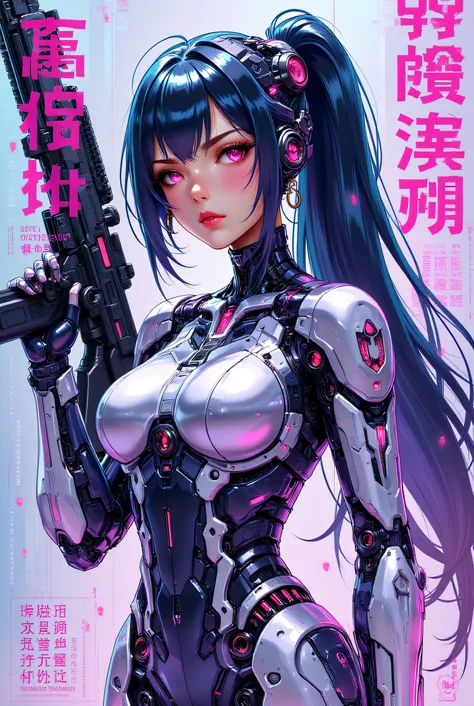 (anime art style (((magazine cover))) illustration) of (cute Asian cyborg girl wearing an extremely intricate cybernetic plug suit and holding a rifle))、((Japanese text)), (Machine Body), ((LED lights))