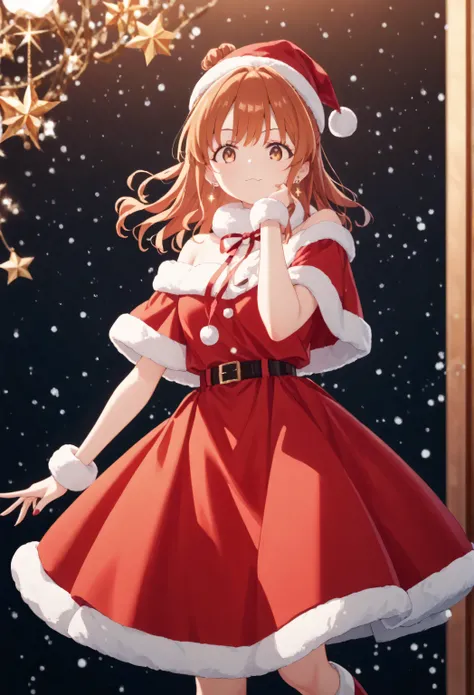 Christmas, 1girl, solo, red santa dress, santa hat,dress, looking at viewer, jewelry, red ribbon, bangs, earrings, boots, moeko sekine, long hair, brown hair, brown eyes, hair bun, single hair bun, sidelocks,