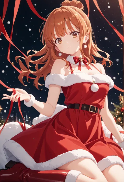Christmas, 1girl, solo, red santa dress, santa hat,dress, looking at viewer, jewelry, red ribbon, bangs, earrings, boots, moeko sekine, long hair, brown hair, brown eyes, hair bun, single hair bun, sidelocks,