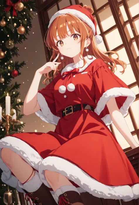 Christmas, 1girl, solo, red santa dress, santa hat,dress, looking at viewer, jewelry, red ribbon, bangs, earrings, boots, moeko sekine, long hair, brown hair, brown eyes, hair bun, single hair bun, sidelocks,