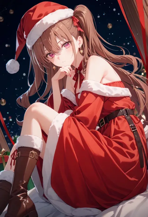 Christmas, 1girl, solo, red santa dress, santa hat,dress, looking at viewer, jewelry, red ribbon, bangs, earrings, boots, KJOmikari, brown hair, pink eyes, two side up, hair between eyes,
