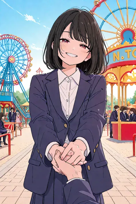 girl wearing blazer、next to each other holding hands、Grin、Amusement Park、high image quality、High Resolution、4K
