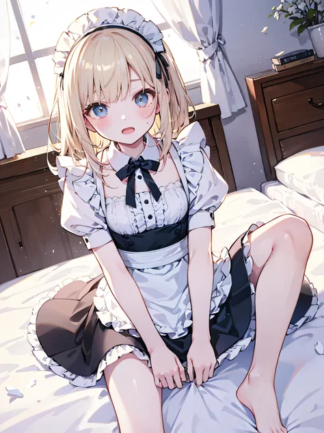 masterpiece, top quality, , 8k, Official Art, Movie Lighting, 1 girl, Maid Outfit, Barefoot, Sweaty feet、sitting, on the bed, bedroom,blushing、Both hands on crotch、open mouth、uncensored、18ban、angle from above、masturbating、facing up、above、square、slouched e...