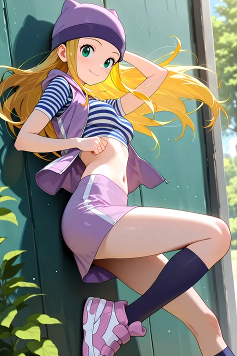 masterpiece, High quality, Ultra detailed, 2d, newest, absurdres, highres, BREAK
1girl, solo,  izumi_orimoto, long hair, blonde hair, green eyes, beanie, purple headwear,
medium breasts, izumidef, short sleeves, purple vest, striped shirt, crop top, navel,...