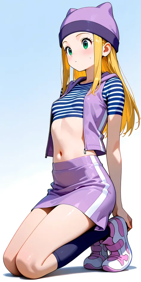 masterpiece, High quality, Ultra detailed, 2d, newest, absurdres, highres, BREAK 1girl, solo, izumi_orimoto, long hair, blonde hair, green eyes, beanie, purple headwear, small breasts, izumidef, short sleeves, purple vest, striped shirt, crop top, navel, p...