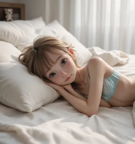 1 girl, model girl with a pillow, lying on the bed, cute bra, no panty, she looks at viewers,(smile:0.5), (younger:1.5),(skinny:1.3),Japanese, (medium breasts:0.8),BREAK,(cute face)