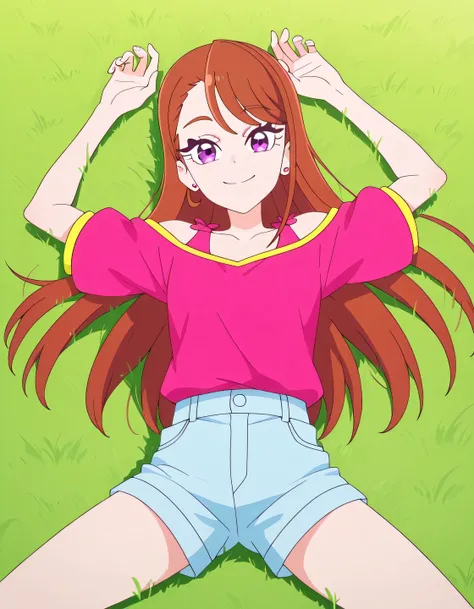 Ageha brown hair, long_hair, purple_eyes, small breast, earrings, bare shoulders dark pink shirt, short pants, high quality, solo, lying, on back, arms up, legs apart, cowboy shot, closed mouth, smile, grass, field, looking at viewer, best quality,