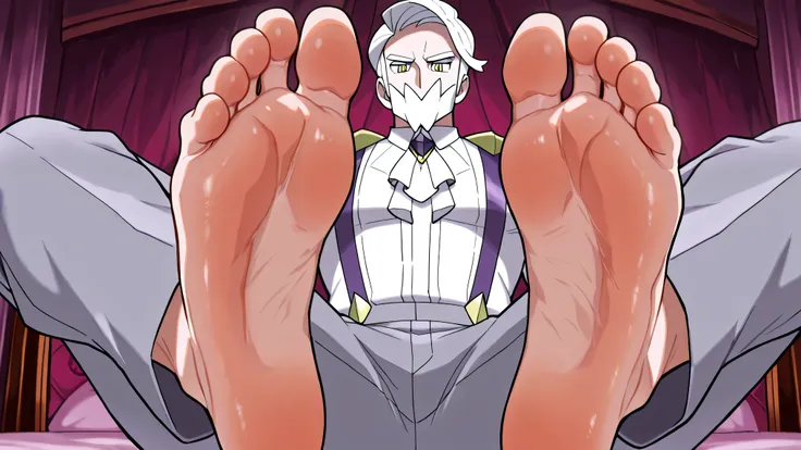 1 male, drayden_pokemon, white hair, yellow eyes, muscular, huge feet, extreme close up on feet, seated, in bedroom, grey pants, white shirt, purple suspenders, barefoot, five toes, wearing clothes, looking down at viewer, teasing expression, toes curled, ...