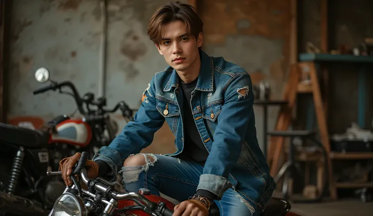  quality, photography, RAW photo, male model wearing distressed denim jacket, ripped blue jeans, sitting on vintage motorcycle, garage setting, tools visible, leather gloves, fashion shoot, editorial style, dramatic lighting, gritty atmosphere, professiona...