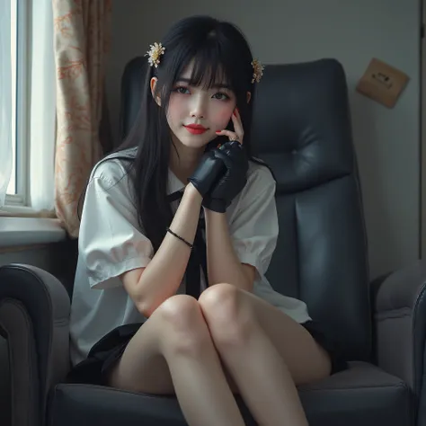 ((room with TV))、完璧なmasterpiece、beautiful黒髪の若い女性、white skin、Pretty Face and Perfect Asymmetrical Body、(touching them with black velvet gloves:1.3)、uniform - white shirt and black miniskirt 。masterpiece、High Quality、Overwhelming Perfection、born々New texture、...