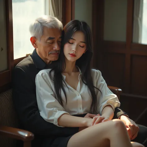 ((room with TV))、完璧なmasterpiece、beautiful黒髪の若い女性、white skin、Pretty Face and Perfect Asymmetrical Body、(old gentleman touching with black velvet gloves:1.3)、 Uniform - white shirt and black miniskirt 。masterpiece、High Quality、Overwhelming Perfection、born々Ne...