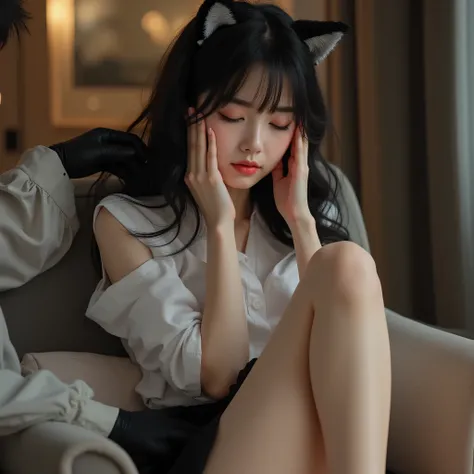 ((room with TV))、perfect masterpiece、beautiful dark-haired young woman、white skin、Pretty Face and Perfect Asymmetrical Body、(old gentleman touching with black velvet gloves:1.3)、Uniform - White Shirt with Black Miniskirt - Cat Ears。masterpiece、High Quality...