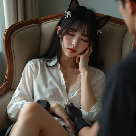 ((room with TV))、perfect masterpiece、beautiful dark-haired young woman、white skin、Pretty Face and Perfect Asymmetrical Body、(old gentleman touching with black velvet gloves:1.3)、Uniform - White Shirt with Black Miniskirt - Cat Ears。masterpiece、High Quality...